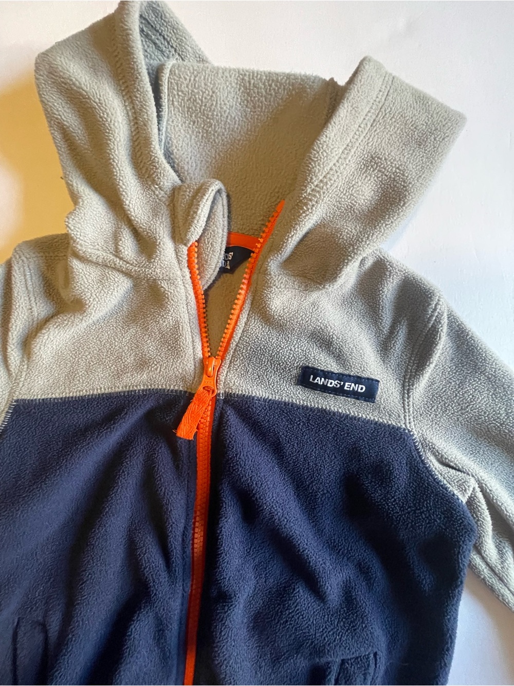 Lands' End Toddler Two-Tone Fleece Hoodie in Light Gray, Navy & Orange